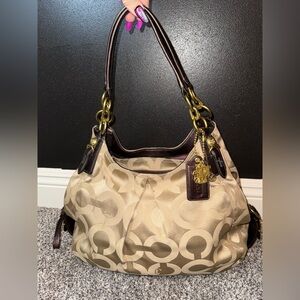 Coach tan monogram logo sateen carryall shoulder bag